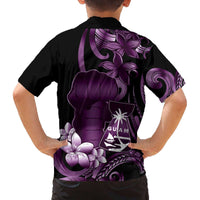 Purple Hafa Adai Guam Family Matching Off The Shoulder Long Sleeve Dress and Hawaiian Shirt Chamorro Latte Stone Hand With Plumeria