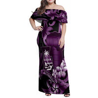 Purple Hafa Adai Guam Family Matching Off Shoulder Maxi Dress and Hawaiian Shirt Chamorro Latte Stone Hand With Plumeria