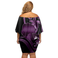 Purple Hafa Adai Guam Off Shoulder Short Dress Chamorro Latte Stone Hand With Plumeria