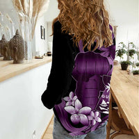 Purple Hafa Adai Guam Women Casual Shirt Chamorro Latte Stone Hand With Plumeria