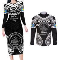 Palau Constitution Day Couples Matching Long Sleeve Bodycon Dress and Long Sleeve Button Shirt Belau Seal With Polynesian Pattern - Black