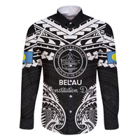 Palau Constitution Day Family Matching Off The Shoulder Long Sleeve Dress and Hawaiian Shirt Belau Seal With Polynesian Pattern - Black