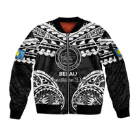 Palau Constitution Day Sleeve Zip Bomber Jacket Belau Seal With Polynesian Pattern - Black