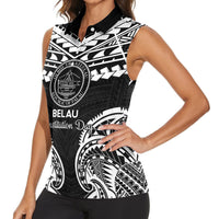 Palau Constitution Day Women Sleeveless Polo Shirt Belau Seal With Polynesian Pattern - Black