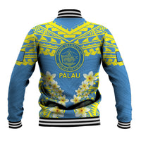 Palau Constitution Day Baseball Jacket Belau Seal With Frangipani Polynesian Pattern - Blue
