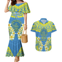Palau Constitution Day Couples Matching Mermaid Dress and Hawaiian Shirt Belau Seal With Frangipani Polynesian Pattern - Blue LT14 Blue - Polynesian Pride