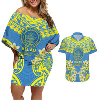 Palau Constitution Day Couples Matching Off Shoulder Short Dress and Hawaiian Shirt Belau Seal With Frangipani Polynesian Pattern - Blue LT14 Blue - Polynesian Pride