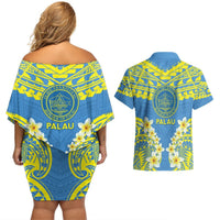 Palau Constitution Day Couples Matching Off Shoulder Short Dress and Hawaiian Shirt Belau Seal With Frangipani Polynesian Pattern - Blue LT14 - Polynesian Pride