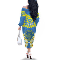 Palau Constitution Day Family Matching Off The Shoulder Long Sleeve Dress and Hawaiian Shirt Belau Seal With Frangipani Polynesian Pattern - Blue