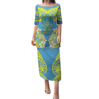 Palau Constitution Day Family Matching Puletasi and Hawaiian Shirt Belau Seal With Frangipani Polynesian Pattern - Blue