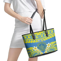 Palau Constitution Day Leather Tote Bag Belau Seal With Frangipani Polynesian Pattern - Blue