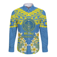 Palau Constitution Day Long Sleeve Button Shirt Belau Seal With Frangipani Polynesian Pattern - Blue