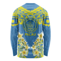 Palau Constitution Day Long Sleeve Shirt Belau Seal With Frangipani Polynesian Pattern - Blue