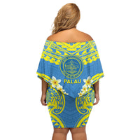 Palau Constitution Day Off Shoulder Short Dress Belau Seal With Frangipani Polynesian Pattern - Blue LT14 - Polynesian Pride