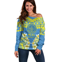 Palau Constitution Day Off Shoulder Sweater Belau Seal With Frangipani Polynesian Pattern - Blue