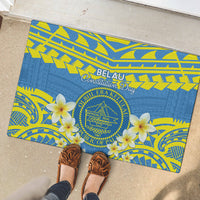 Palau Constitution Day Rubber Doormat Belau Seal With Frangipani Polynesian Pattern - Blue