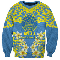 Palau Constitution Day Sweatshirt Belau Seal With Frangipani Polynesian Pattern - Blue