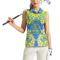 Palau Constitution Day Women Sleeveless Polo Shirt Belau Seal With Frangipani Polynesian Pattern - Blue
