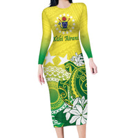 Cook Islands Independence Day Long Sleeve Bodycon Dress Kuki Airani Tiare Maori Polynesian Pattern - Green