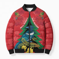 New Zealand Christmas In July Bomber Puffer Jacket Kowhai Tui Bird With Pohutukawa - Red - Polynesian Pride