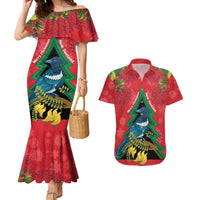 New Zealand Christmas In July Couples Matching Mermaid Dress and Hawaiian Shirt Kowhai Tui Bird With Pohutukawa - Red