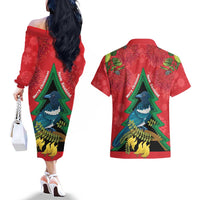 New Zealand Christmas In July Couples Matching Off The Shoulder Long Sleeve Dress and Hawaiian Shirt Kowhai Tui Bird With Pohutukawa - Red