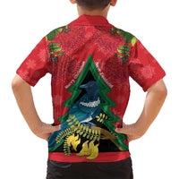 New Zealand Christmas In July Family Matching Off Shoulder Short Dress and Hawaiian Shirt Kowhai Tui Bird With Pohutukawa - Red