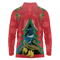 New Zealand Christmas In July Long Sleeve Polo Shirt Kowhai Tui Bird With Pohutukawa - Red