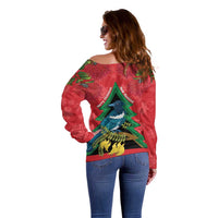 New Zealand Christmas In July Off Shoulder Sweater Kowhai Tui Bird With Pohutukawa - Red