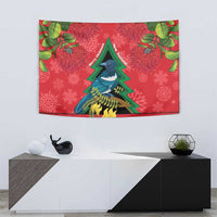 New Zealand Christmas In July Tapestry Kowhai Tui Bird With Pohutukawa - Red