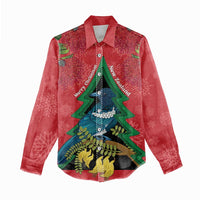 New Zealand Christmas In July Women Casual Shirt Kowhai Tui Bird With Pohutukawa - Red