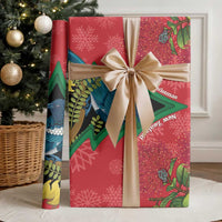 New Zealand Christmas In July Wrapping Paper Kowhai Tui Bird With Pohutukawa - Red - Polynesian Pride