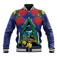 New Zealand Christmas In July Baseball Jacket Kowhai Tui Bird With Pohutukawa - Blue