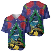 New Zealand Christmas In July Baseball Jersey Kowhai Tui Bird With Pohutukawa - Blue