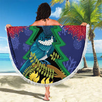 New Zealand Christmas In July Beach Blanket Kowhai Tui Bird With Pohutukawa - Blue