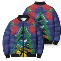 New Zealand Christmas In July Bomber Puffer Jacket Kowhai Tui Bird With Pohutukawa - Blue - Polynesian Pride