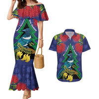 New Zealand Christmas In July Couples Matching Mermaid Dress and Hawaiian Shirt Kowhai Tui Bird With Pohutukawa - Blue