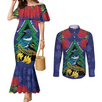 New Zealand Christmas In July Couples Matching Mermaid Dress and Long Sleeve Button Shirt Kowhai Tui Bird With Pohutukawa - Blue