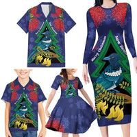 New Zealand Christmas In July Family Matching Long Sleeve Bodycon Dress and Hawaiian Shirt Kowhai Tui Bird With Pohutukawa - Blue