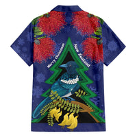 New Zealand Christmas In July Family Matching Off The Shoulder Long Sleeve Dress and Hawaiian Shirt Kowhai Tui Bird With Pohutukawa - Blue