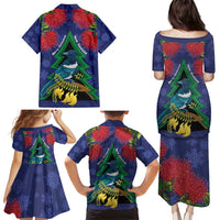 New Zealand Christmas In July Family Matching Puletasi and Hawaiian Shirt Kowhai Tui Bird With Pohutukawa - Blue
