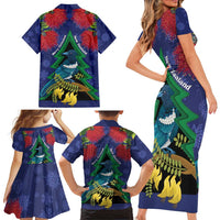 New Zealand Christmas In July Family Matching Short Sleeve Bodycon Dress and Hawaiian Shirt Kowhai Tui Bird With Pohutukawa - Blue