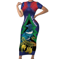 New Zealand Christmas In July Family Matching Short Sleeve Bodycon Dress and Hawaiian Shirt Kowhai Tui Bird With Pohutukawa - Blue
