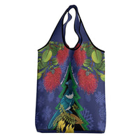New Zealand Christmas In July Grocery Bag Kowhai Tui Bird With Pohutukawa - Blue