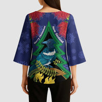 New Zealand Christmas In July Kimono Sleeve Blouse Kowhai Tui Bird With Pohutukawa - Blue - Polynesian Pride