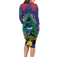 New Zealand Christmas In July Long Sleeve Bodycon Dress Kowhai Tui Bird With Pohutukawa - Blue