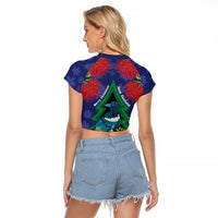 New Zealand Christmas In July Raglan Cropped T Shirt Kowhai Tui Bird With Pohutukawa - Blue