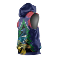 New Zealand Christmas In July Sleeveless Hoodie Kowhai Tui Bird With Pohutukawa - Blue - Polynesian Pride