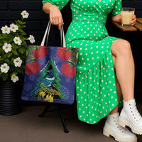 New Zealand Christmas In July Tote Bag Kowhai Tui Bird With Pohutukawa - Blue - Polynesian Pride