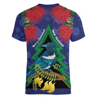 New Zealand Christmas In July Women V-Neck T-Shirt Kowhai Tui Bird With Pohutukawa - Blue